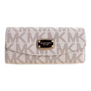 Michael Kors Jet Set Slim Flap Wallet Vanilla Monogram Leather Clutch Purse